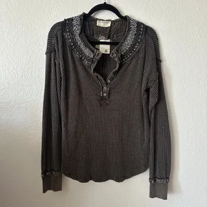NWT Free People Holly Henley Thermal Long Sleeve Top Black Combo thumbnail 2