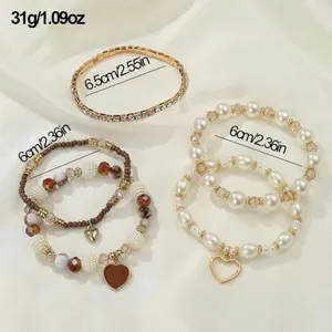 Boho Pearl & Crystal Heart Charm Bracelet Stack (5 Pieces) Gold thumbnail 5