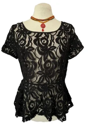 International Concepts Black Lace Peplum Blouse.Buttons thumbnail 1