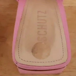 Schutz Pink Leather Mules Womens Size 9.5 Architectural Triangle Block Heel thumbnail 8