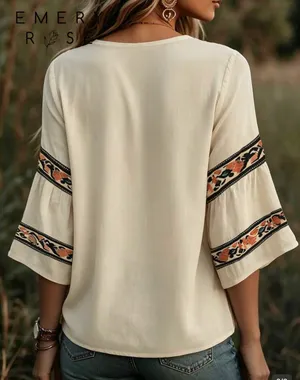 Bohemian Embroidered V-Neck Peasant Blouse thumbnail 2