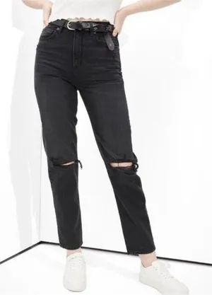American Eagle Mom Straight Jeans Black Distressed Denim Women's Size 4‎ Short thumbnail 1