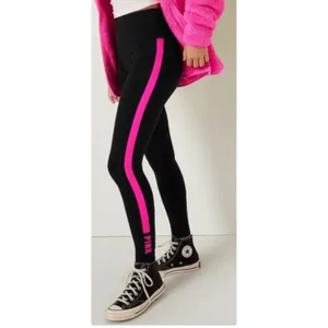 Victoria's Secret PINK Leggings Womens Large Black Pink Stripe High Rise Logo thumbnail 9