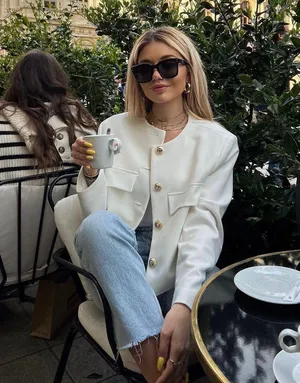 Zara blazer jacket textured double breasted white golden buttons office casual thumbnail 1