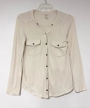 We The Free Free People Cream Henley Long Sleeve Button Down Raw Seam Top L thumbnail 1