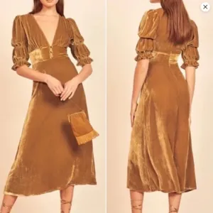 Reformation Maura Velvet Midi Dress Gold thumbnail 4