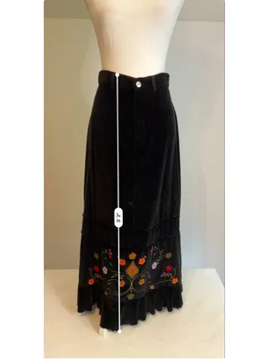 WhimsyGoth Black Velvet Maxi Skirt with Floral Embroidery, Size L thumbnail 3