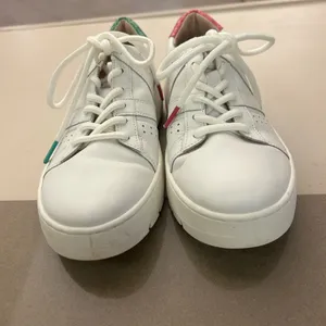 Sneakers White Leather Women's Sneakers with Green Heel Accent 6 by Vionic thumbnail 7
