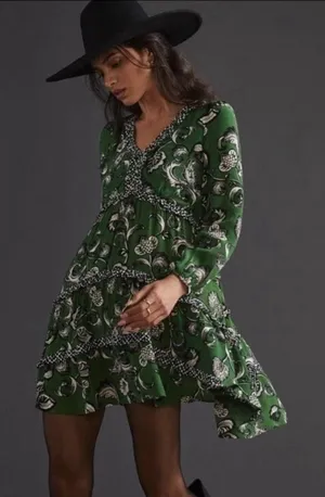 Anthropologie Robin Boho Tiered Ruffled V-Neck Dress Green Motif Size Small thumbnail 1