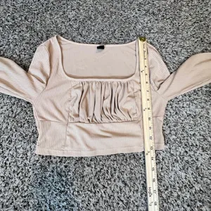 SHEIN Womens Ribbed Long Sleeve Crop Top Beige Square Neck‎ Ruched Bust Large thumbnail 5