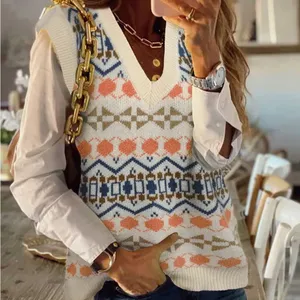 Women's Sleeveless Sweater Vest Plaid Geo Chunky Cable Knit Sweater Crop thumbnail 1
