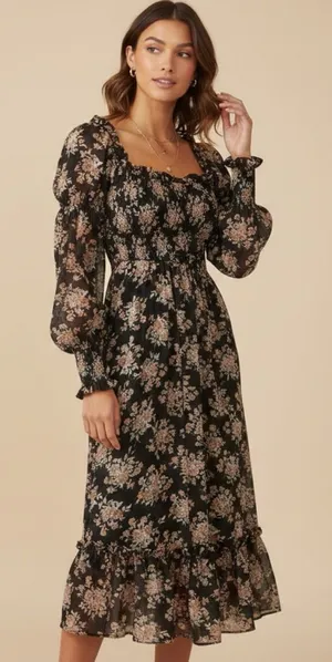 ASTR The Label Floral Cinched Long Sleeve Midi Peasant Dress Size XS thumbnail 1