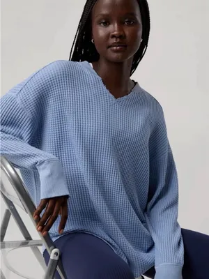 Aerie Offline Wow! Waffle Knit Notch Neck Long Sleeve in Monaco Blue thumbnail 1