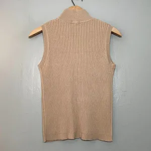 Pointelle Sleeveless Tan Sweater Size Small Ribbed Knit Mock Neck Minimalist thumbnail 3