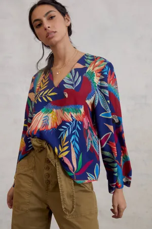 Farm Rio Kaia Blouse Small Tropical Birds Parrots Wide Sleeves Coastal Beachy thumbnail 1