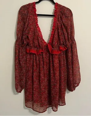 Free People Dress Pennie Babydoll Mini Red Floral Chiffon Boho Open Back… thumbnail 1