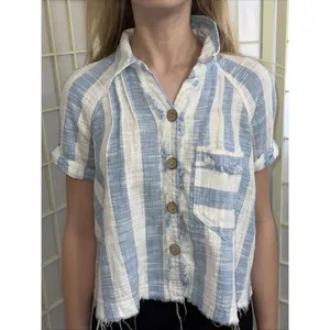 We the Free Classic Boho‎ Beach Gauze Cropped Fringe Striped Button Blouse Small thumbnail 5