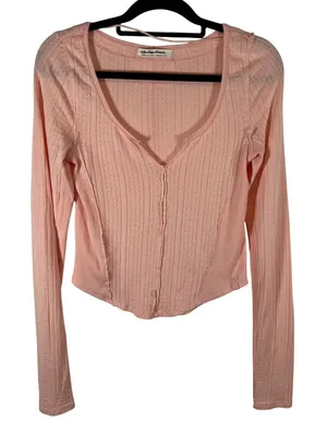 Free People We The Free Pink Pointelle V-Neck Long Sleeve Top OB1817655‎ Medium thumbnail 1