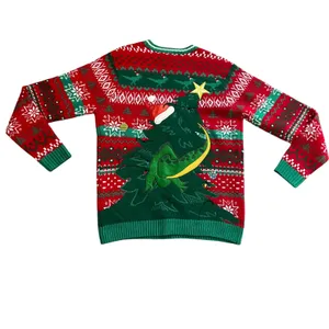 Blizzard Bay T-Rex Dinosaur Christmas Tree Ugly Sweater Red Green Womens Medium thumbnail 2