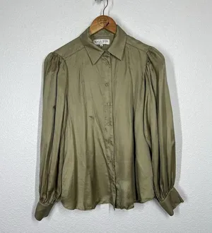 Hale Bob Satin Button Front Top Small Silk Blend Olive Puff Sleeves thumbnail 3