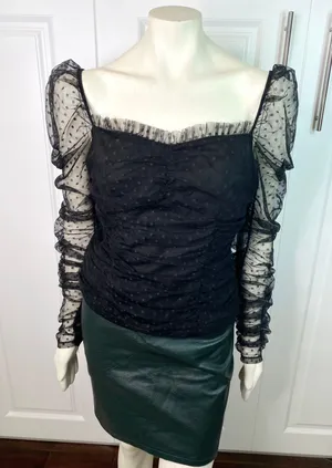 VICI Benefit Polka Dot Ruched Gathered Sleeve Mesh Tulle Top by Free the Roses thumbnail 18
