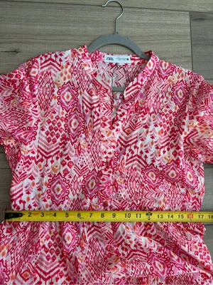Zara Pink Red Ikat Geometric Print 3/4 Sleeve Tiered Skirt Boho Maxi Dress NWOT thumbnail 7