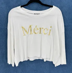Bucket List Cropped Mérci Tee Long Sleeves Cutoff Cotton France Travel Sz Large thumbnail 1