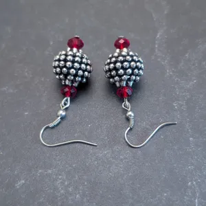 Vintage Hook Dangle Earrings Glam Silver Tone Studded Ball with Red Accent Bead thumbnail 4