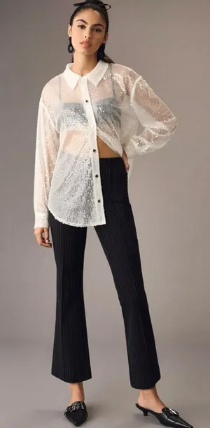 Maeve Anthropologie Margot Kick-Flare Cropped Pinstripe Pants Black thumbnail 1