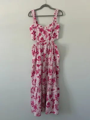 Zara Pink White Cut Out Floral Tiered Skirt Beaded Boho Cottagecore Maxi Dress M thumbnail 2