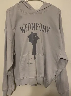 New NWT H&M Wednesday Addams Family Gray Pullover Hoodie‎ Sweatshirt Size Medium thumbnail 1