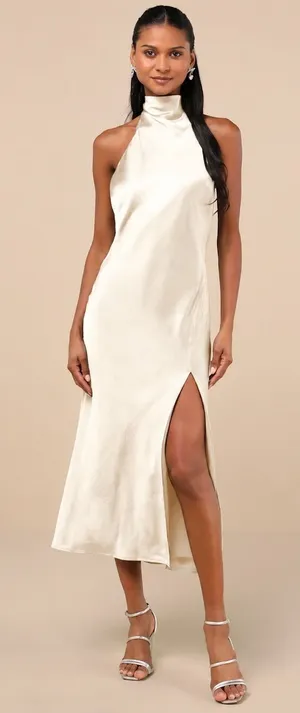 Lulus Exceptional Status Midi Dress Womens Medium Cream Halter Backless Slip NWT thumbnail 1