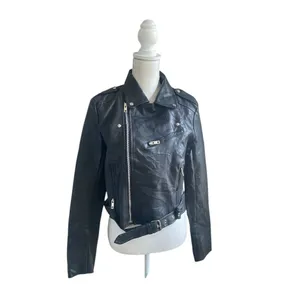 Lulus Women’s Faux Leather Moto Jacket Black L Belted Zippered thumbnail 2