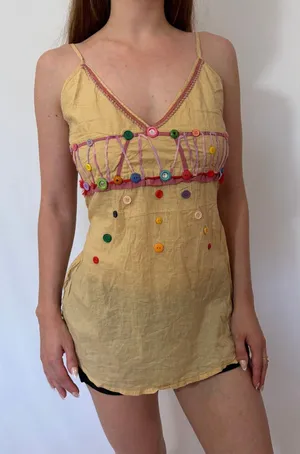 Pale Yellow Button Detail Pink Trim Tie Back Y2k Tank Top thumbnail 1