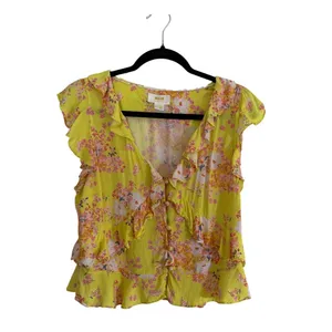 Maeve Anthropologie Ashlee Ruffled Blouse‎ 12 Yellow Floral V-Neck Sleeveless thumbnail 3