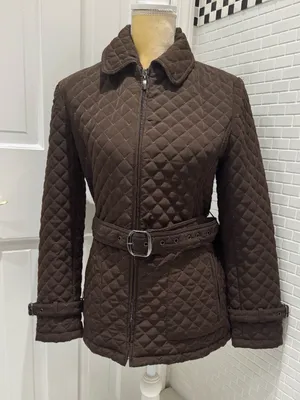 Quilted polyester chocolate brown belted jacket. Pockets. Animal print lining. M thumbnail 1