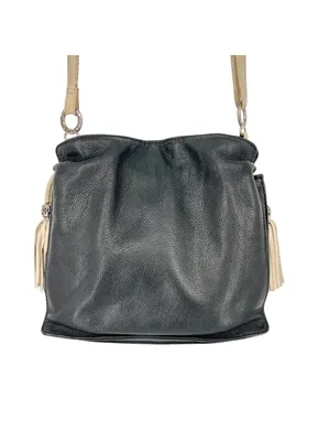 Brighton Boho Western Bucket Slouch Bag Leather Black White Tassel Silver Charms thumbnail 11