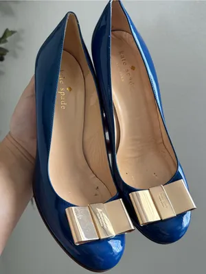 Kate Spade Karolina Blue Patent Leather Pumps with Gold Bow thumbnail 7
