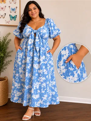 Blue & White Floral Textured Bow Front Midi Dress XXL NWT thumbnail 2