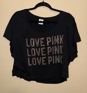 Victoria's Secret PINK Black Rhinestone Love Pink Crop Graphic Tee S Y2k Bling thumbnail 1