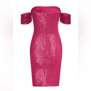 Kate Kasin Glitter Sequin V Neck Ruched Off Shoulder Bodycon Mini Dress M NWT thumbnail 5