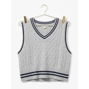 American Eagle Women Sweater Vest Small Gray Cotton Varsity Cable Knit Cropped thumbnail 6