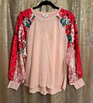 Umgee Pink Spring Blouson Long Sleeve Linen Blend Blouse M NWT thumbnail 1