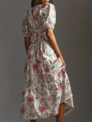 Anthropologie Floral Peony Puff Sleeve Cottagecore Fairy Dress White Pink XS thumbnail 2