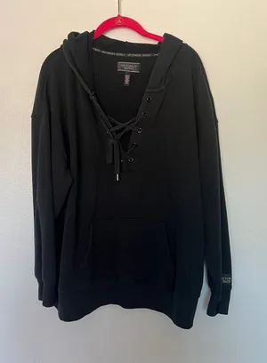 EUC Victoria's Secret Black Lace-Up Hooded Sweatshirt sz XL thumbnail 1