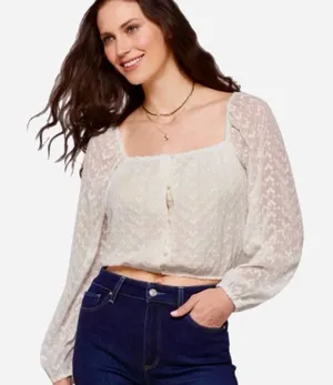 Heatherly Cottage Eyelet Crop Top Balloon‎ Sleeve Peasant Embroidered Size XSP thumbnail 1