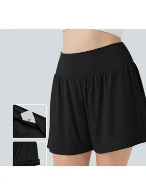 Halara M 5" High-Waisted Flow Shorts With Side Pocket Black Womens Activewear Si thumbnail 2