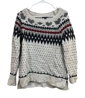 American Eagle Outfitters Holiday Heart Fair Isle Sweater Gray Wool Blend Small thumbnail 1