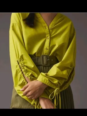 Anthropologie Pilcro Chartreuse Green Poplin Drawstring Sleeve Blouse thumbnail 2