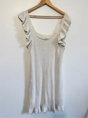 Anthropologie Ruffled Pointelle Mini Dress Size Medium Crochet Knit Ivory Fall thumbnail 2